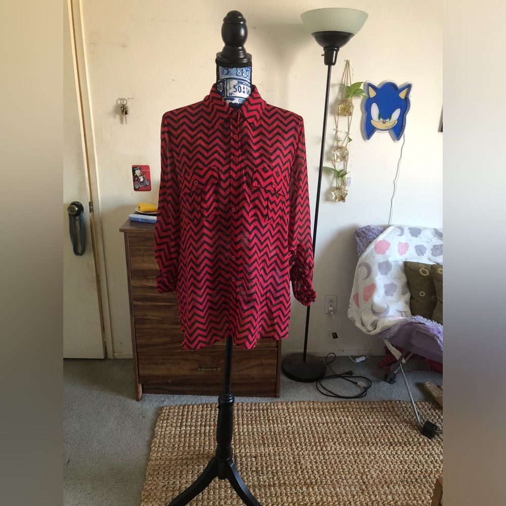 Sexy Sheer Red and Black Striped Button Down Shirt